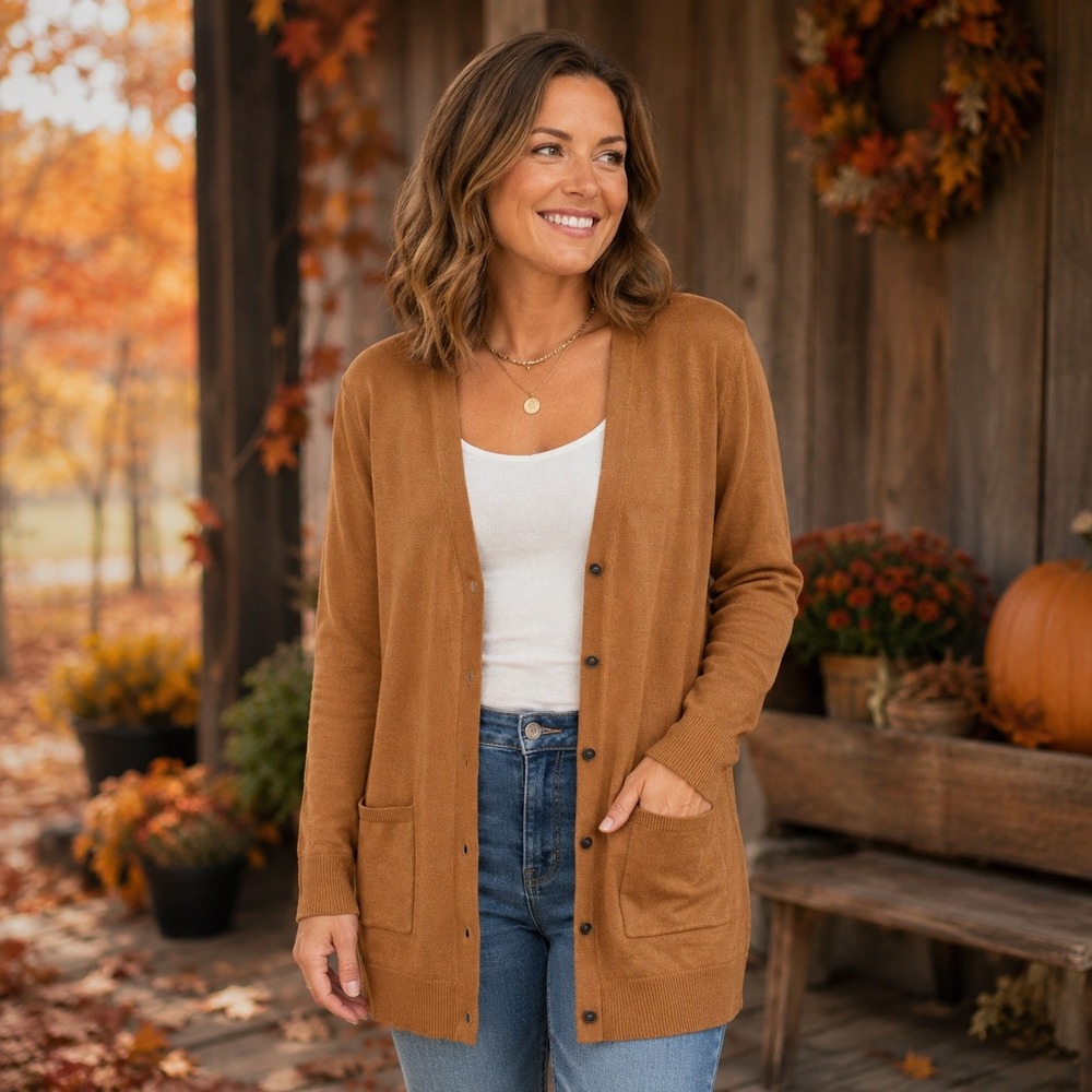 Maurices Womens XL Mustard Brown Button Front Knit Cardigan Sweater with Pockets